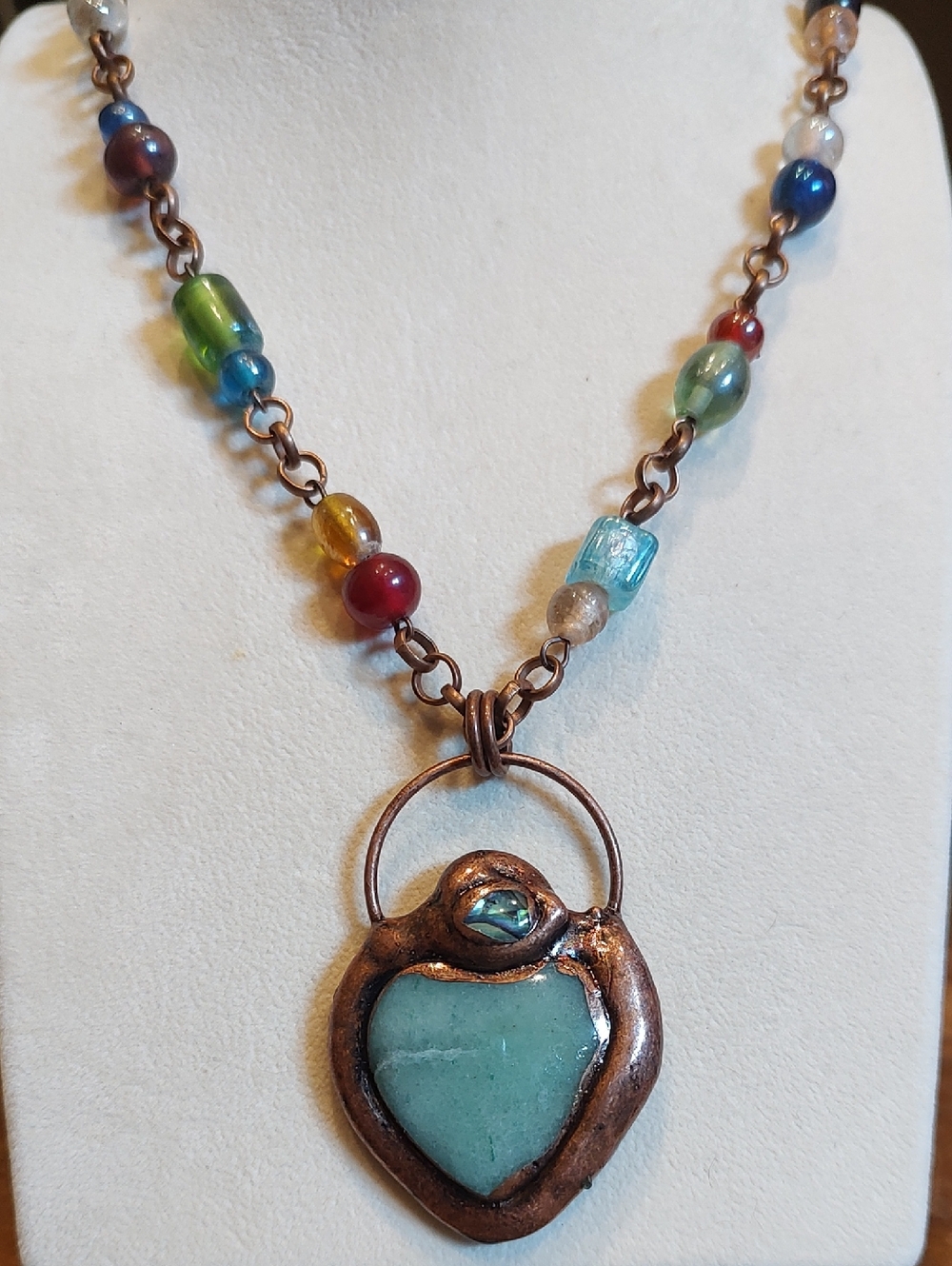 Copper Soldered Aventurine And Abalone Pendant & Beaded Copper Necklace